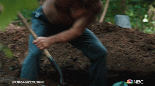 A Man Is Digging A Hole With A Shovel And The Words Organized Crime On The Bottom GIF
