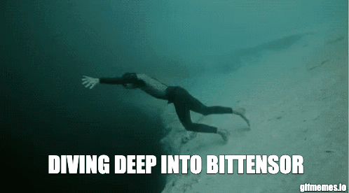 a man is diving deep into the ocean with the words diving deep into bittensor below him