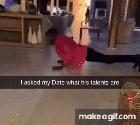 A Man Is Doing Push Ups On The Floor In A Living Room And Says I Asked My Date What His Talents Are GIF
