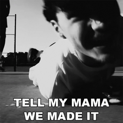 A Man Is Doing Push Ups With The Words Tell My Mama We Made It GIF