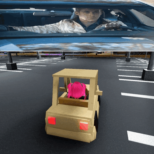 A Man Is Driving A Car In A Parking Lot With A Girl In The Back Seat GIF