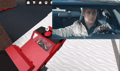 A Man Is Driving A Car In A Video Game With A Red Truck Behind Him GIF