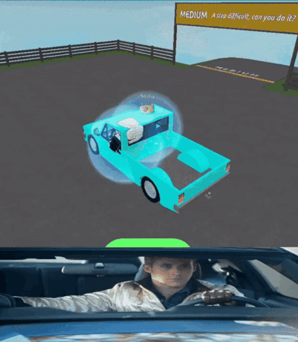 A Man Is Driving A Car In Front Of A Sign That Says Medium A Step Difficult Can You Do It GIF
