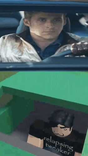 A Man Is Driving A Car Next To A Picture Of A Roblox Character That Says Relapsing Tweaker . GIF