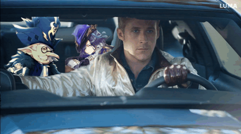 A Man Is Driving A Car With A Luma Logo On The Bottom GIF