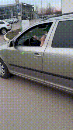 A Man Is Driving A Car With His Hand Out The Window . GIF
