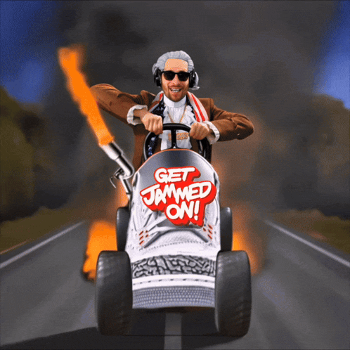 A Man Is Driving A Lawn Mower With The Words Get Jammed On On The Side GIF