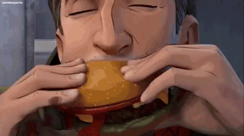 A Man Is Eating A Hamburger With His Eyes Closed And His Mouth Open . GIF