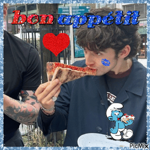 A Man Is Eating A Slice Of Pizza With A Smurf On His Shirt GIF