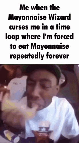 A Man Is Eating Mayonnaise In A Loop Where He 'S Forced To Eat Mayonnaise Repeatedly Forever . GIF