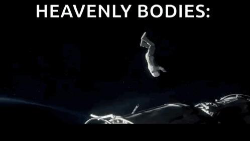 a man is falling through the air with the words " heavenly bodies " written above him