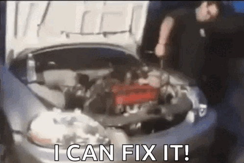 A Man Is Fixing The Engine Of A Car With The Hood Open . GIF