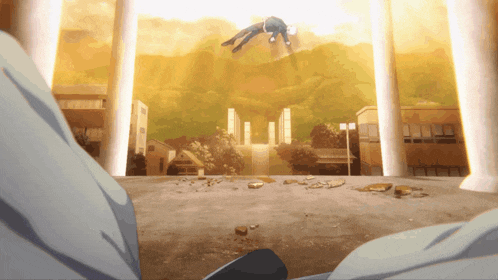 A Man Is Flying Through The Air In A Cartoon GIF