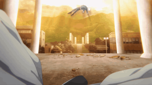 A Man Is Flying Through The Air In A Cartoon GIF