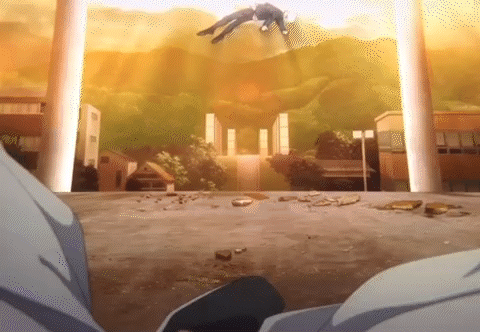 A Man Is Flying Through The Air In Front Of A Building In A City . GIF