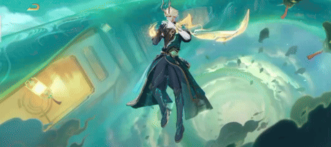 A Man Is Flying Through The Air With A Sword . GIF