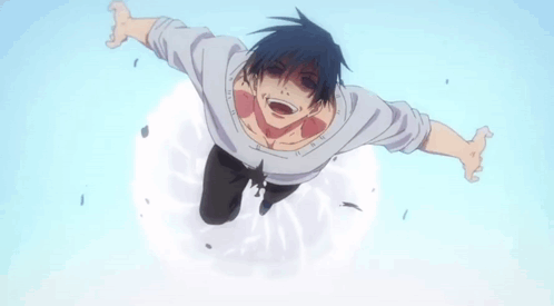 A Man Is Flying Through The Air With His Arms Outstretched And Screaming . GIF