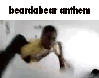 A Man Is Flying Through The Air With The Words `` Beardabear Anthem '' Written On The Bottom . GIF