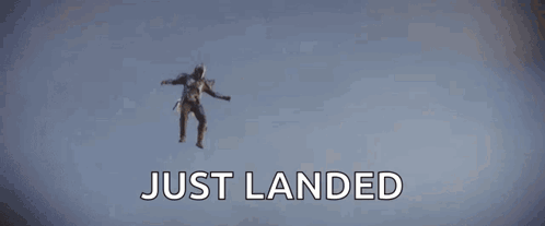A Man Is Flying Through The Air With The Words Just Landed Below Him GIF