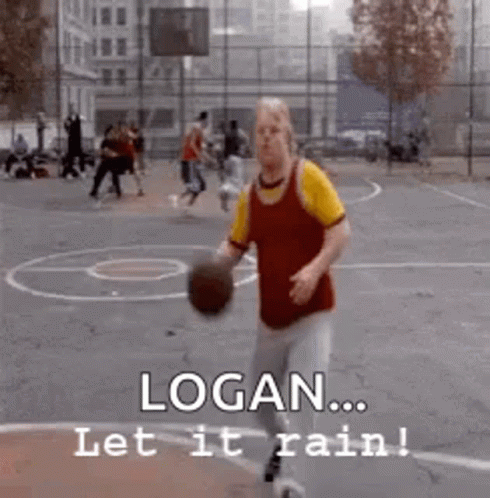 A Man Is Holding A Basketball On A Basketball Court And Saying Logan Let It Rain . GIF