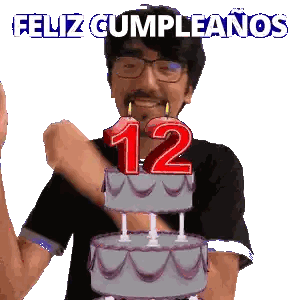 a man is holding a birthday cake with candles that say 12