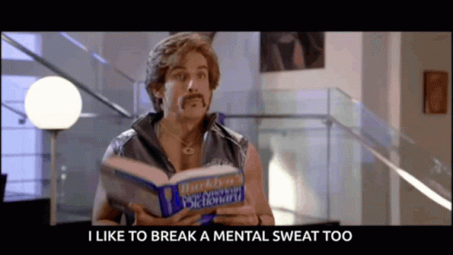 A Man Is Holding A Book That Says I Like To Break A Mental Sweat Too On The Bottom GIF