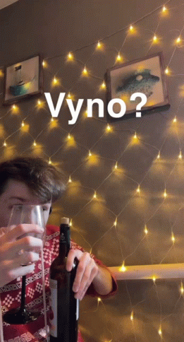 A Man Is Holding A Bottle Of Wine And A Glass With The Word Vyno Written Above Him GIF