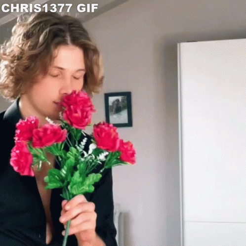 A Man Is Holding A Bouquet Of Pink Flowers With The Caption Chris 1377 GIF