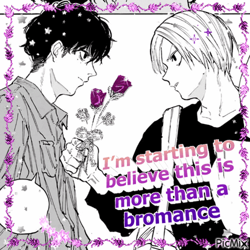 A Man Is Holding A Bouquet Of Purple Roses Next To Another Man Who Is Holding A Bouquet Of Purple Flowers GIF