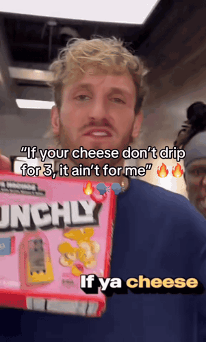 A Man Is Holding A Box Of Crunchy Cereal And Saying If Your Cheese Don 'T Drip For 3 GIF