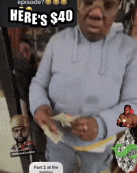 A Man Is Holding A Bunch Of Money And A Sign That Says Here 'S $ 40 On It GIF