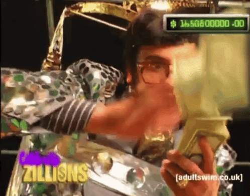 A Man Is Holding A Bunch Of Money In Front Of His Face With The Words Zillions On The Bottom Right GIF
