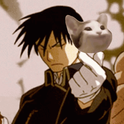 A Man Is Holding A Cat In His Hand And The Cat Is Pointing At Him GIF