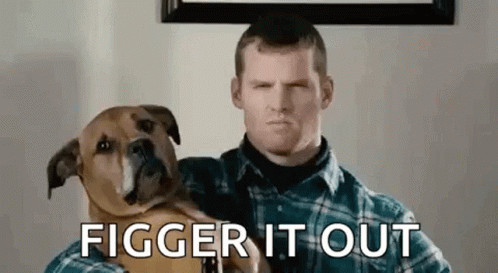 A Man Is Holding A Dog In His Arms With The Words `` Figger It Out '' . GIF