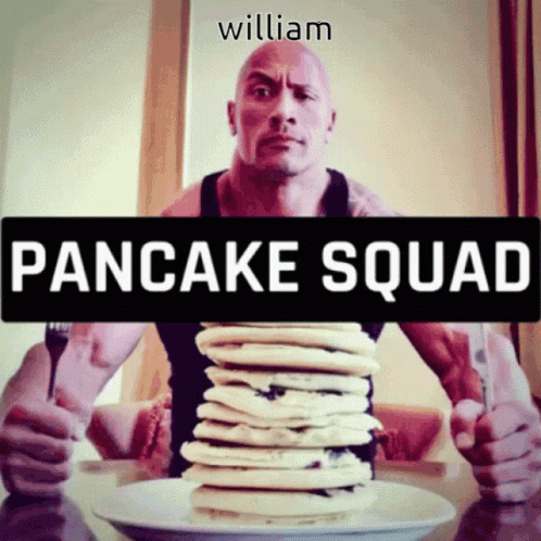 A Man Is Holding A Fork In Front Of A Plate Of Pancakes With The Words Pancake Squad Written Above Him GIF
