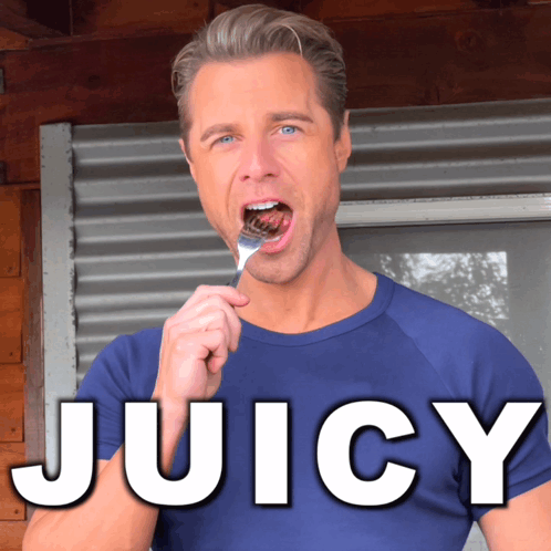 A Man Is Holding A Fork In His Mouth And The Word Juicy Is Below Him GIF