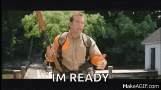 A Man Is Holding A Gun And Saying `` I 'M Ready '' While Standing On A Dock . GIF