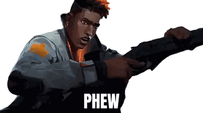 a man is holding a gun and the word phew is on the bottom right