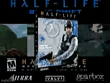 A Man Is Holding A Gun In Front Of A Screen That Says Half-Life GIF