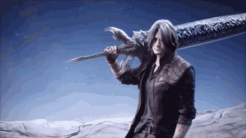A Man Is Holding A Large Sword On His Shoulders . GIF