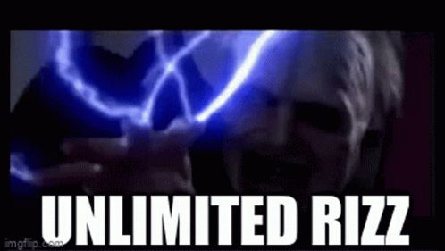 A Man Is Holding A Lightning Bolt In Front Of His Face And The Words Unlimited Rizz Are Written Below Him GIF