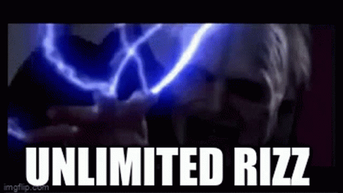 A Man Is Holding A Lightning Bolt In His Hand And The Words Unlimited Rizz Are Written Below Him . GIF