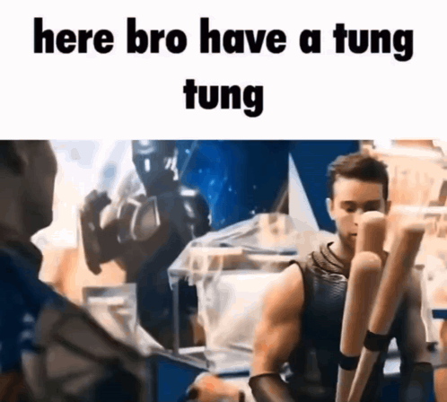 A Man Is Holding A Pair Of Baseball Bats And Talking To Another Man In A Room . GIF