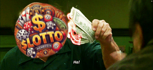 A Man Is Holding A Pile Of Money In Front Of A Balloon That Says Lotto GIF