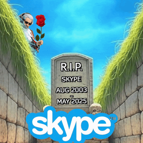 A Man Is Holding A Rose Next To A Gravestone That Says R.i.p. Skype Aug 2003 May 2025 GIF