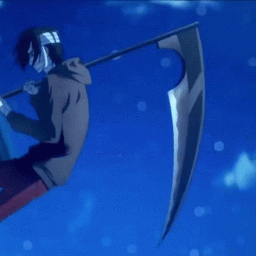 A Man Is Holding A Scythe Next To A Woman GIF