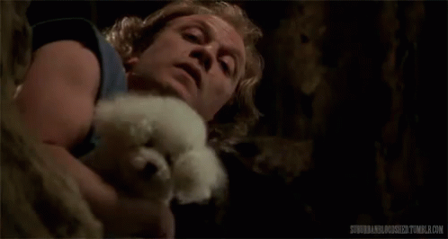 a man is holding a small white dog in his arms and licking it .