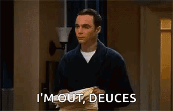 A Man Is Holding A Stack Of Papers And Says `` I 'M Out , Deuces '' . GIF