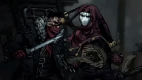 A Man Is Holding A Sword And A Woman Is Holding A Guitar In A Dark Room . GIF