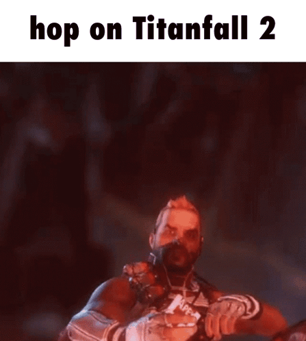 A Man Is Holding A Sword And The Words Hop On Titanfall 2 Are On The Bottom GIF